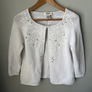 Vintage Talbots White Beaded Cotton Cardigan One Button Womens Size Large Unique